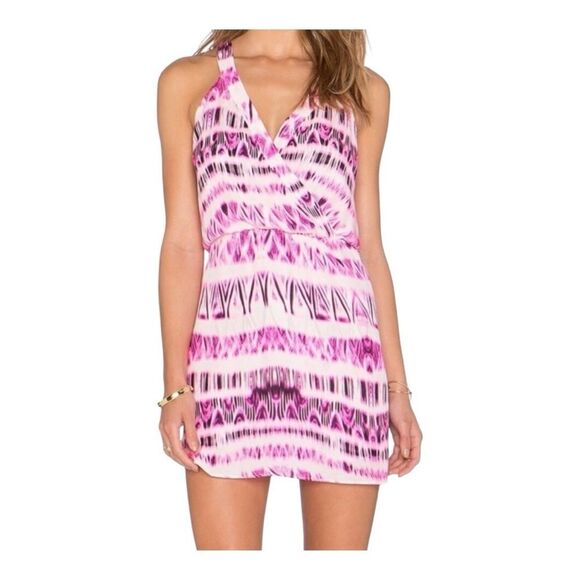 Parker Kita Pink Cosmos Elastic Waist Wrap Front Racerback Mini Dress Sz Small - Picture 1 of 12